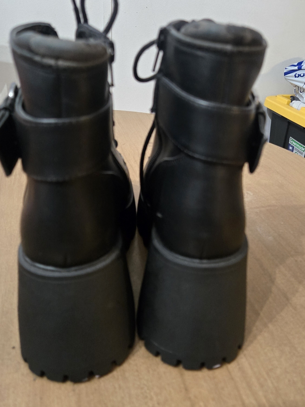 Soda Black Chunky Lug Lace-Up Ankle Boots with Buckle - Picture 2 of 16